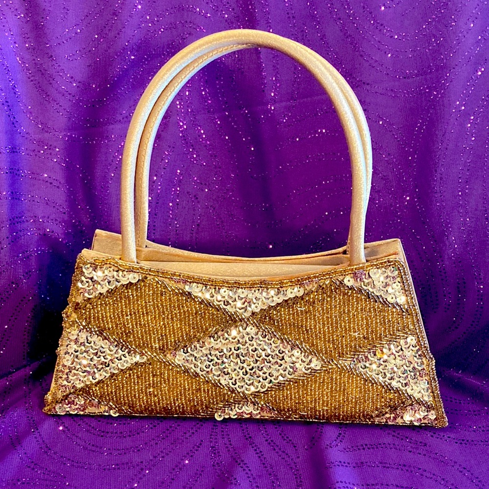 Gold sequin beaded satin clutch bag